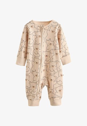 Body pentru bebeluși cu maneci lungi, dintr-un material moale bej, decorat cu un model repetat de ilustrații adorabile cu urși și un fermoar în față pentru o îmbrăcare ușoară.