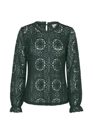 Tummanvihreä pitsipaita, jossa on pyöreä kaula-aukko, pitkät hihat ja röyhelöpäät. Koristelee monimutkaiset kukka- ja geometriset kuviot kauttaaltaan.