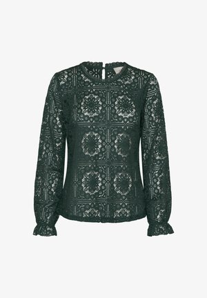 Tummanvihreä pitsipaita, jossa on pyöreä kaula-aukko, pitkät hihat ja röyhelöpäät. Koristelee monimutkaiset kukka- ja geometriset kuviot kauttaaltaan.