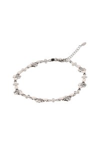 Ezüst karkötő váltakozó sima és texturált láncszemekkel, kereszt mintákkal és apró, tiszta kövekkel. Állítható csattal és hosszabbító lánccal.