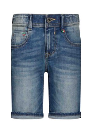 Niebieskie szorty z denimu z podwiniętymi brzegami, guzikiem i zamkiem z przodu, szlufkami na pasek oraz małymi przyszywanymi detalami flagi na kieszeniach.