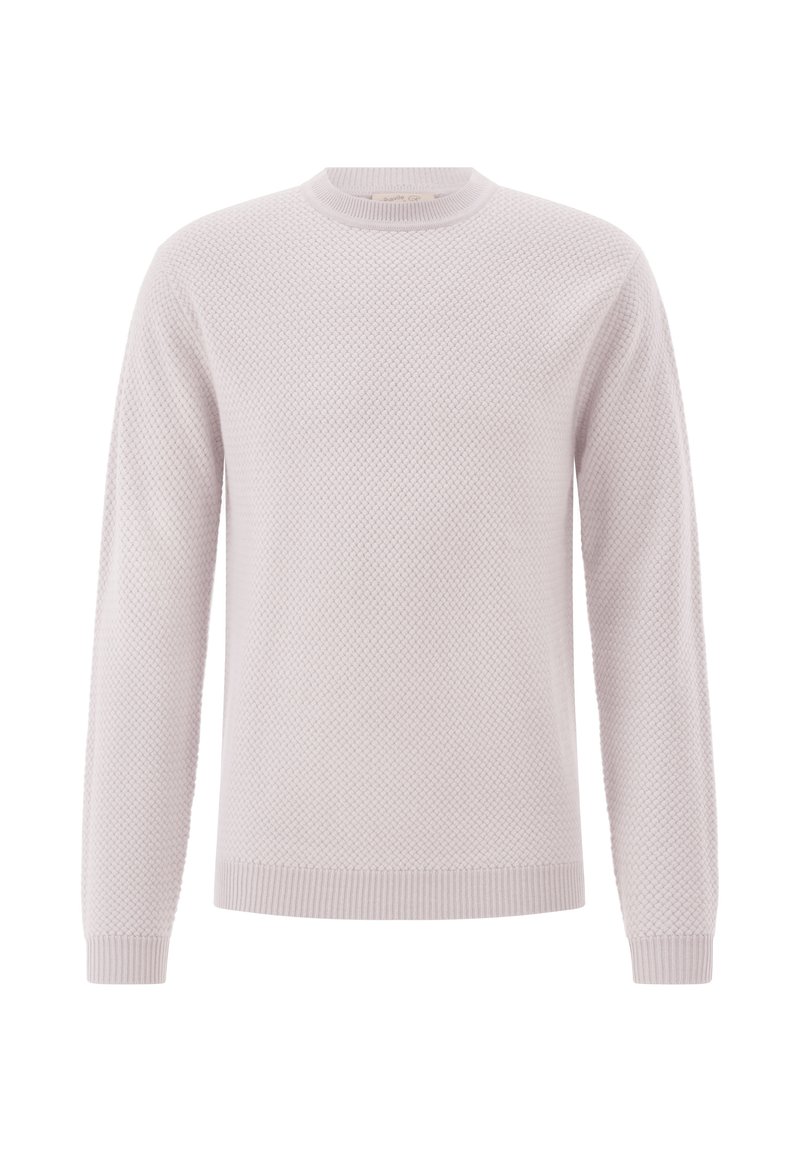 Hellblaue langärmlige Pullover mit strukturiertem Strickmuster, gerippten Bündchen, Saum und Rundhalsausschnitt.