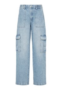 Lichtblauwe denim cargo pants met een relaxte pasvorm, voorzien van twee zijzakken en een knoopsluiting. Slechts licht vervaagde textuur overal.