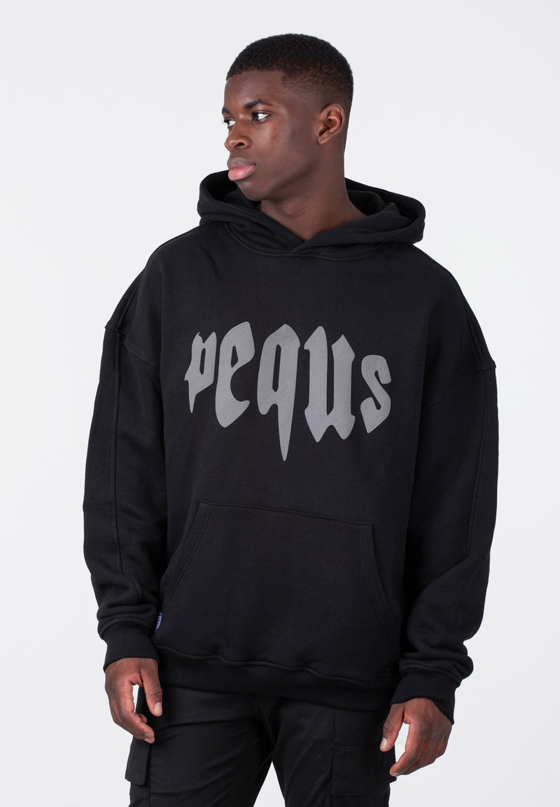 Black hooded sweatshirt with a large gray graphic text on the front. Features a kangaroo pocket and ribbed cuffs. Soft fabric texture.