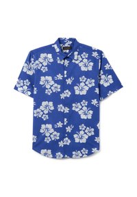 Camisa de manga corta con botones, de tela azul con un patrón floral de hibisco blanco, diseño con cuello, textura suave y dobladillo curvado.