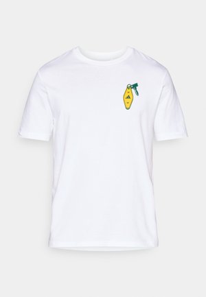 White cotton t-shirt with short sleeves, featuring a small yellow badge design with "NY" and a green accent on the left chest.