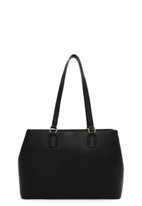 Black leather tote bag with two long handles, textured surface, and a structured shape. Features silver-tone hardware and a flat base.