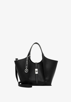 Black textured leather handbag with two handles, a detachable shoulder strap, a front strap with a silver clasp, and a silver SF logo charm.