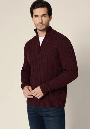 Bordowy sweter w sploty z zamkiem przy wysokim kołnierzu i ściągaczami na rękawach, wykonany z miękkiego, teksturowanego materiału. Noszony na białej koszuli.