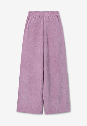 Lichtpaarse corduroy wijde broek met een elastische tailleband, voorzien van twee voorzakken en een gestructureerd, ribbelig oppervlak.