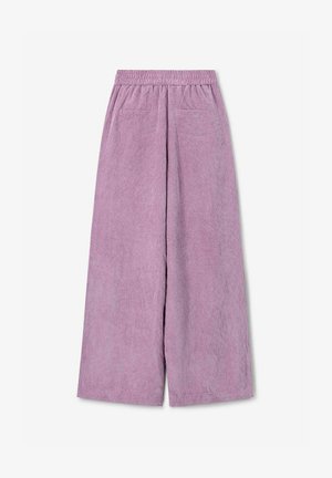 Lichtpaarse corduroy wijde broek met een elastische tailleband, voorzien van twee voorzakken en een gestructureerd, ribbelig oppervlak.