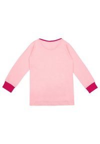 Long-sleeve pink shirt with a round neckline, featuring contrasting magenta cuffs and collar, made from soft cotton material.