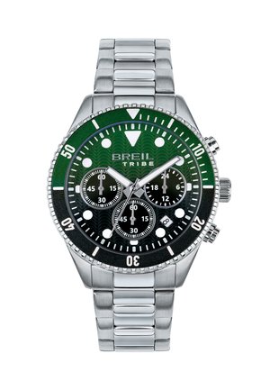 Sølv rustfrit stålur med en grøn bølge-mønsteret urskive, sorte chronograf undermærker, lysende timemarkører og roterende bezel.