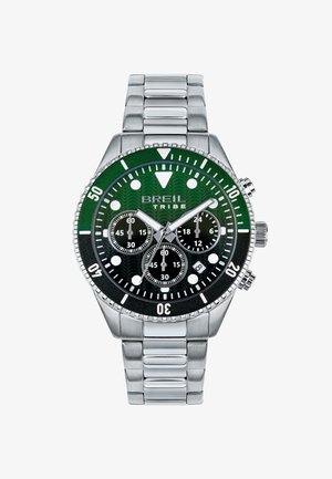 Sølv rustfrit stålur med en grøn bølge-mønsteret urskive, sorte chronograf undermærker, lysende timemarkører og roterende bezel.