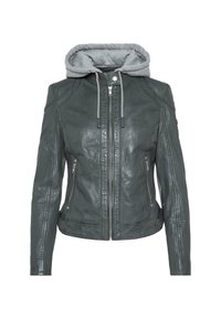 Dunkelgrüne Lederjacke mit grauem Kapuzenaufsatz. Sie hat einen Frontreißverschluss, zwei Seitentaschen und eine strukturierte Verarbeitung des Leders.