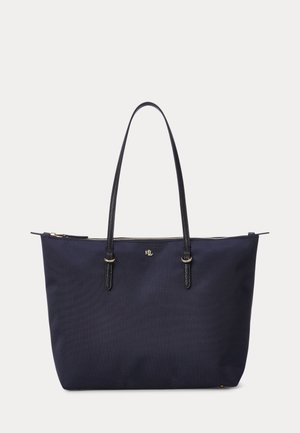 Sac cabas bleu marine avec poignées en cuir noir et logo RL doré, avec fermeture éclair sur le dessus.
