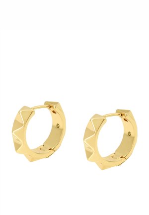Gold hoop earrings with a geometric design featuring notches along the edge. Smooth texture with a shiny finish.