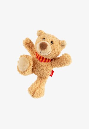 Stuffed bear toy, light brown, with a fuzzy texture. It has a striped red and yellow collar, round snout, and soft limbs.