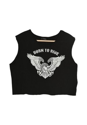 Sort cropped tank top med rund halsudskæring, der har et hvidt ørne-graphic og teksten "BORN TO RIDE." Lavet af blødt bomuldsstof.