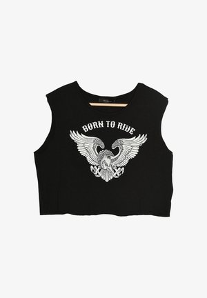 Czarny krótki top z okrągłym dekoltem z białym nadrukiem orła oraz napisem "BORN TO RIDE". Wykonany z miękkiej bawełny.