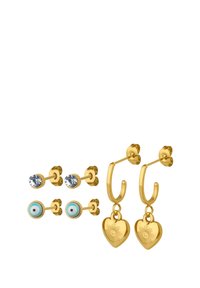 Das Goldton-Ohrring-Set besteht aus zwei Paar Ohrsteckern mit klaren Edelsteinen und türkisfarbenen bösen Augen-Akzenten sowie herzförmigen Creolen.