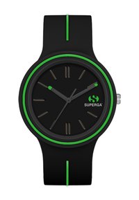 Black silicone watch with green accents on the bezel and strap. Round face displays simple markings and logo at 3 o'clock. Dark textured surface.