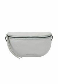 Borsa in pelle bianca con forma curvata, dotata di una cerniera superiore, tassello in pelle sottile e branding minimale sul lato.