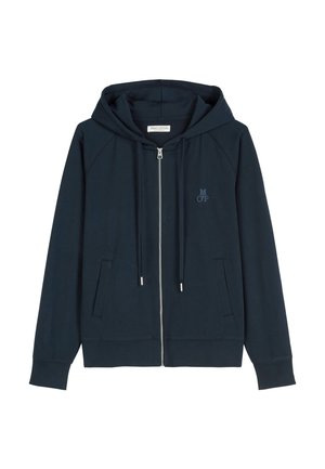 Sweat à capuche zippé bleu marine avec poches avant, cordons de serrage, et petit logo "M OP" sur la poitrine gauche, présenté sur fond blanc.