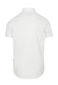 Korte mouwen witte shirt van lichtgewicht stof, met een klassieke kraag en een afgeronde zoom. De achterkant heeft een schone, gladde textuur.