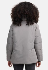 Grijze pufferjack met een gladde textuur, elastische manchetten en een hoge kraag; voorzien van een logo op de linker mouw en een relaxte pasvorm.