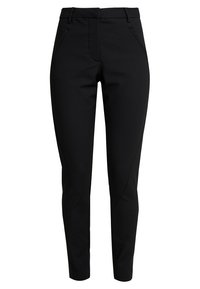 Svarta slim-fit byxor med sidofickor, bälteshällor och sydda detaljer vid de avsmalnande benen.