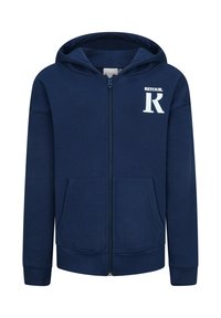Navy blauwe rits hoodie gemaakt van zachte stof, met een capuchon, voorzakken en een wit logo op de borst. Gladde textuur, casual ontwerp.