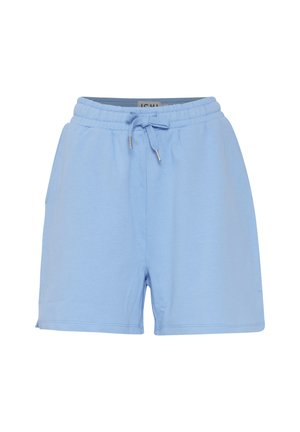 Light blue cotton shorts with an elastic waistband, adjustable drawstring, and side pockets. Smooth texture with neat stitching details.