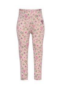 Blomstrede leggings i lys pink med et mønster af lilla og grønne blomster. Fremstillet af blødt stof med et elastisk taljebånd.