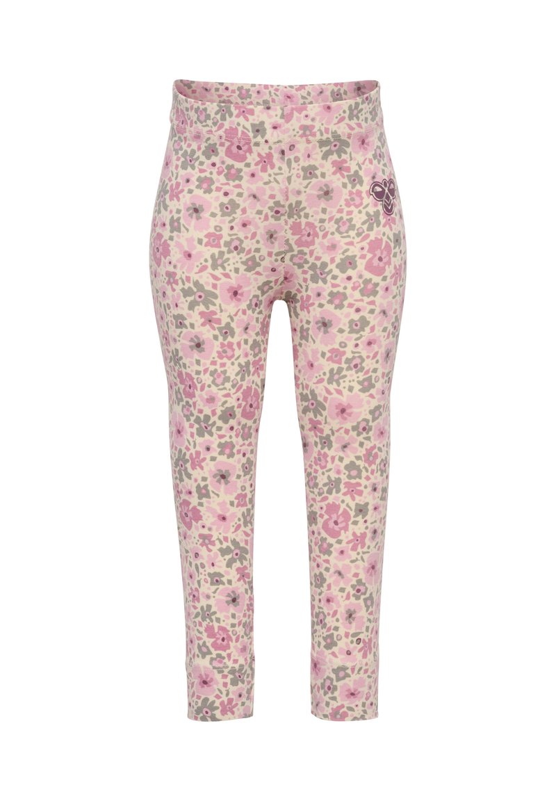 Blomstrede leggings i lys pink med et mønster af lilla og grønne blomster. Fremstillet af blødt stof med et elastisk taljebånd.