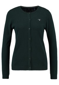 Dark green, long-sleeve button-up cardigan with round neckline and small GANT logo on the left chest.