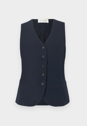 Navy blue vest with a v-neckline, six front buttons, and subtle vertical ribbing. Features two side pockets and tailored design.