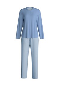 Helles blaues Langarmoberteil mit einem Henley-Ausschnitt und drei Knöpfen, kombiniert mit passenden hellblau gestreiften Hosen. Weiches Baumwollmaterial.