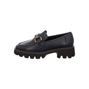 Black leather loafer with chunky lug sole and gold-tone metal buckle detail on upper, side view.