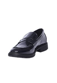 Mocassino in pelle verniciata blu navale con finitura liscia, dettaglio a doppi cinturini e suola nera in gomma bassa. Design classico slip-on.