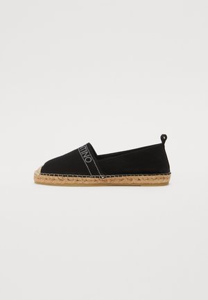 Espadrilles nere su tela con suola in juta intrecciata, caratterizzate da un logo sulla banda e un design a punta arrotondata.