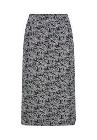 Jupe crayon noire avec broderie florale abstraite blanche et grise, longueur genoux, avec une petite fente latérale.