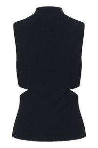 Schwarzes ärmelloses Oberteil mit hohem Kragen, das einen figurbetonten Schnitt und ein einzigartiges Cutout-Design in der Taille aufweist. Hergestellt aus einem glatten, dehnbaren Material.