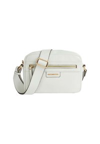 Borsa a tracolla in pelle bianca con superficie texturizzata, hardware dorato, cinturino regolabile, tasca frontale con zip e forma rettangolare.