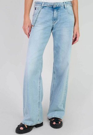 Light blue wide-leg jeans made of denim, featuring a classic five-pocket design and a button closure. The material has a soft, worn texture.