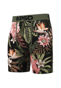 Męskie bokserki z czarnym tłem i tropikalnymi kwiatowymi wzorami w kolorach różowym i białym. Elastyczny pas w oliwkowej zieleni z logo.