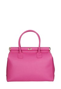 Borsa a tracolla in pelle rosa con una forma strutturata, doppio manico e un dettaglio in oro sulla parte superiore. Finitura texture senza motivi visibili.