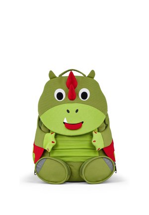 Grüner, dinosaurier-inspirierter Kinder-Rucksack mit großen Augen, rotem Kamm, kleinen Armen und flügelähnlichen roten Details an den Seiten.
