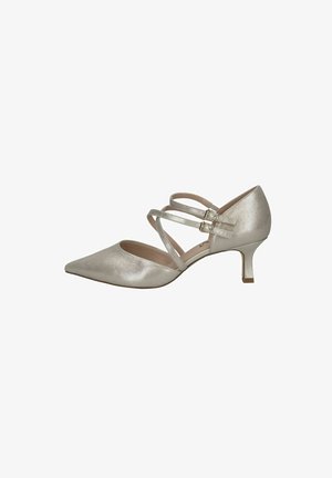 Silver metallic high-heeled shoe with pointed toe, decorative crossed straps, and a kitten heel. Smooth texture, minimalistic design.