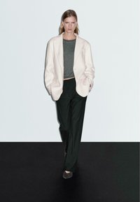 Světle růžový přizpůsobený blazer přes šedý upnutý top, doplněný tmavými kalhotami se širokými nohavicemi. Modelka stojí na neutrálním pozadí.